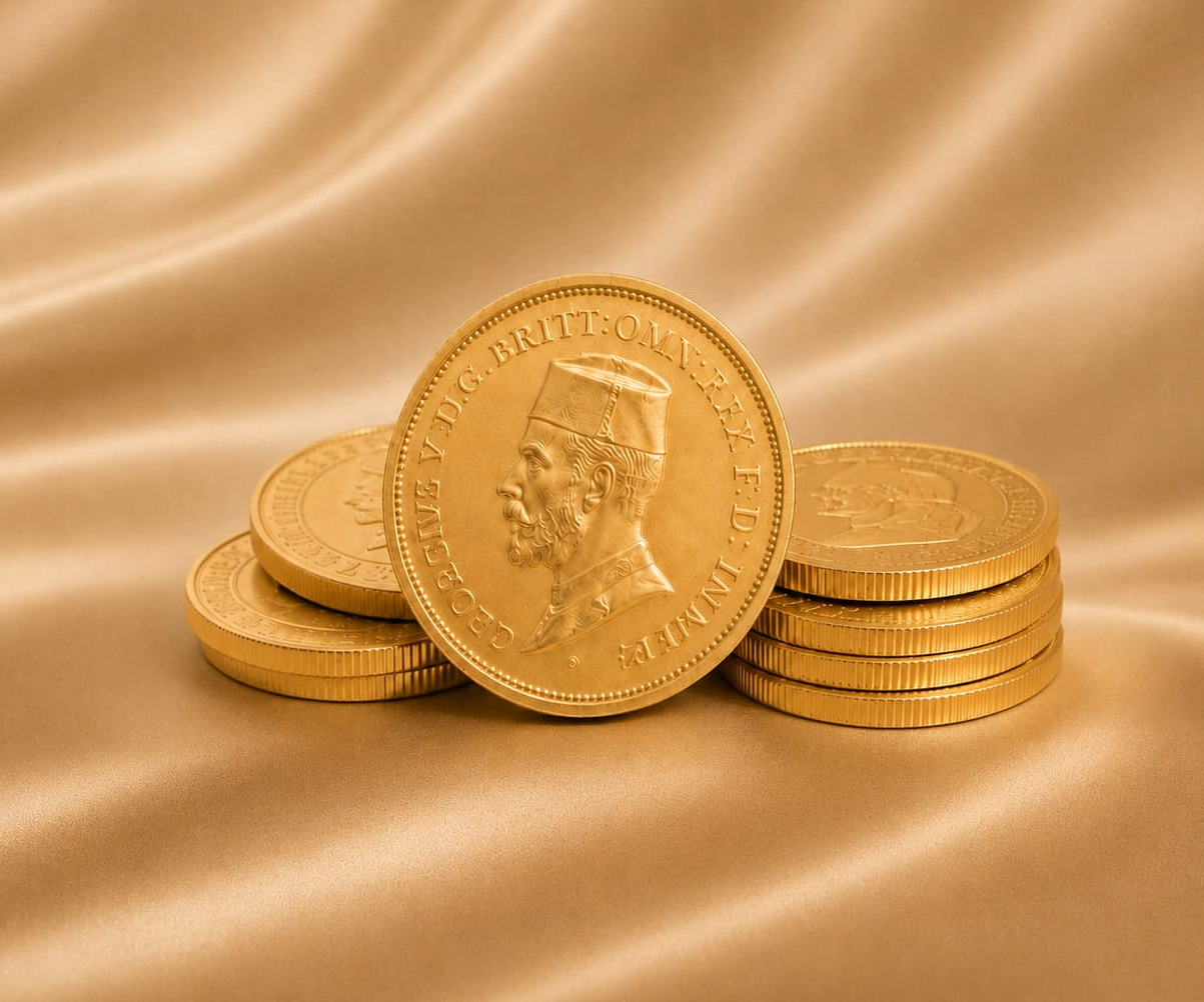 Gold Lira coin jewellery displayed on velvet (recommended size: 800x650px)